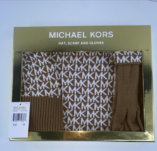 New Michael Kors Set Hat Glove Scarf Signature Dark Camel Cream One Size B2K - $49.49