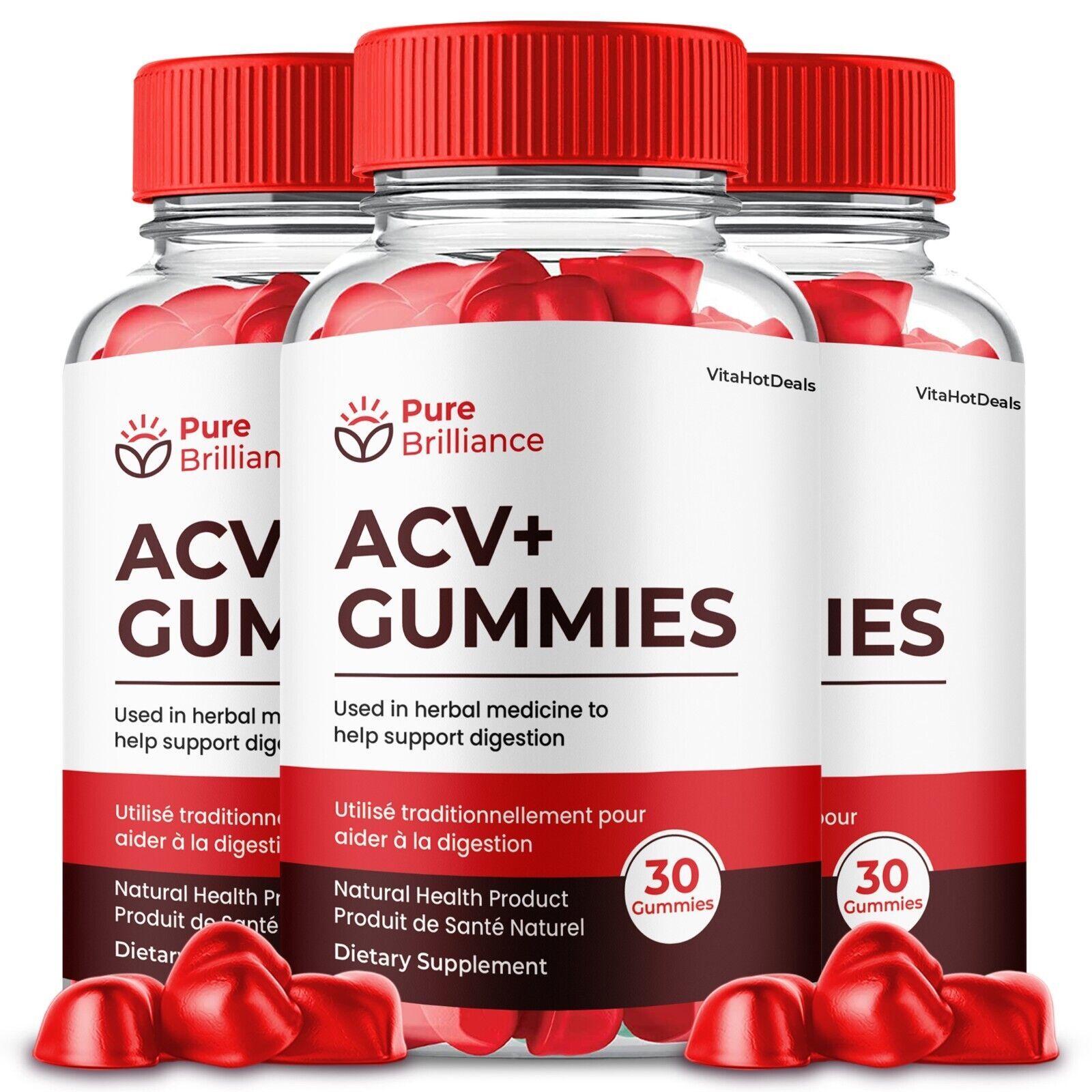 3 Pack Pure Brilliance ACV Gummies Apple Cider Vinegar Max Strength Gummies