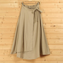 Women High Waist Wrap Skirts Ankle Length Linen Cotton Skirt,Khaki Wine-red Gray image 2