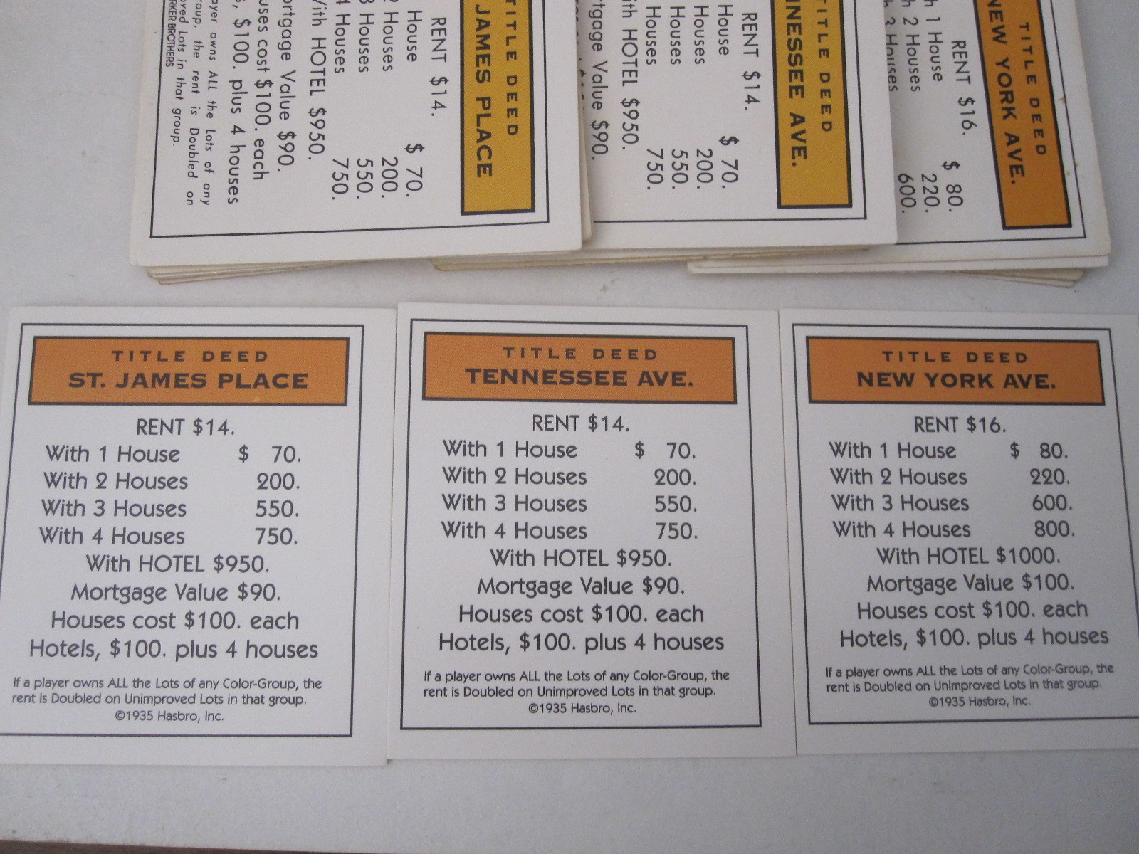 Monopoly Property Deed Set: New York, Tennessee, St. James Place