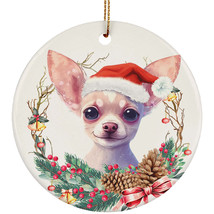 Cute Chihuahua Puppy Dog Santa Hat &amp; Flower Wreath Christmas Ornament Gift Decor - £11.82 GBP