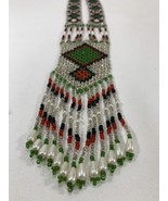 GLASS BEADWOVEN 19&quot; LONG NECKLACE W/BEADED FRINGE Vintage  - €18,18 EUR
