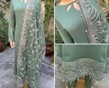 Pakistani Sage Green Long  Style Embroidered Sequins fancy Chiffon Dress,XL - $113.85