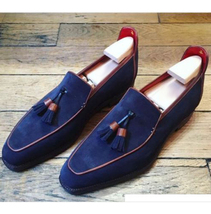 Wedding Shoes For Men Navy Blue Moc Toe Pure Suede Leather Tassels Loafer Shoes - £120.26 GBP