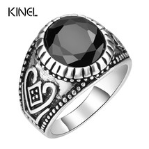 Men Jewelry Punk Black Ring Silver Color Round Resin Classical Pattern Retro Jew - £5.69 GBP