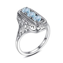 Classic 3 Stone Aquamarine Ring For Woman Silver 925 Round Vintage Anniversary P - £42.28 GBP