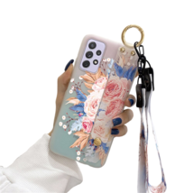 Anymob Samsung Case Blue and Peach Flower Plant Leaves Wrist Strap Lanyard Phone - £23.10 GBP