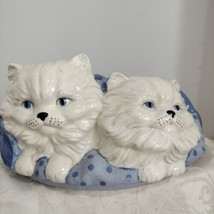 Pair Of Adorable Kitten&#39;s W/Blue Eyes Sitting On A Circular Blue  Lid Ba... - £14.19 GBP