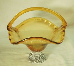 Murano Italian Art Glass Basket Centerpiece Bowl Amber w Silver Tone Base Italy - £34.02 GBP