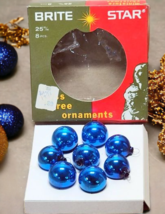 8 Vintage Brite Star Miniature Blue Glass Christmas Ornaments  Original Box - £9.34 GBP