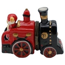 Vtg Small Christmas Santa Hat Bear Red Black Train Porcelain Trinket Box 3&quot;×2&quot; - £11.95 GBP
