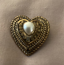 Vintage Gold Heart Pin With Pearl Center 1” H X 1” W - £2.84 GBP