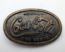 Vtg 1970&#39;s Coca Cola Five Cents Coke Oval Brass Belt Buckle - £7.61 GBP