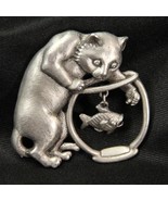 J J Jonette Cat Fishbowl Brooch Pin Pewter 2-1/4&quot; Jewelry - $216.53 MXN