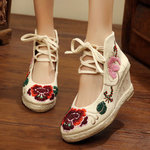 Original Women&#39;s Canvas Embroidered Wedged Pumps Ankle Strap Retro Ladies Casual - £39.43 GBP