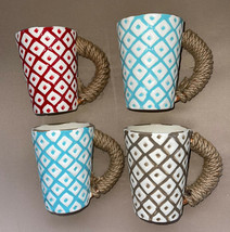 Mud Pie Raised Diamond Pattern Ceramic Mugs With Real Rope Handles New Cups - £25.17 GBP