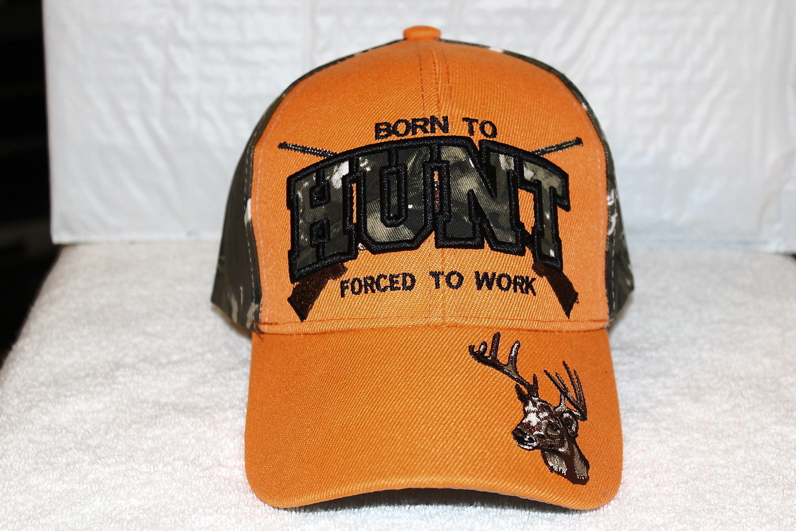 Primary image for DEER BORN TO HUNT FORCED TO WORK RIFLE BASEBALL CAP ( CAMOUFLAGE & ORANGE )