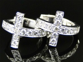 0.65Ct Round Cut Diamond Pave Set Cross Hoop Huggie Earrings 14k White Gold Over - £59.44 GBP