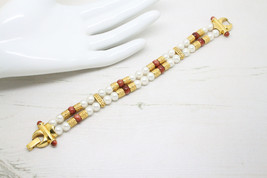 Vintage Goldstone &amp; Pearl Gold Plated Double Row BRACELET Jewellery - £19.30 GBP