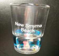 New Smyrna Beach Shot Glass Plastic Body Hollow Base Blue Liquid Blue Pink Fish - £5.57 GBP