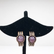 Half Hoop Post Earrings Purple Cabochon Stone Antiqued Copper Tone Pierc... - $17.78