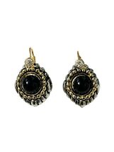 Vintage Two Tone Drop Earrings Black Cabochon Rhinestone Gold Silver Ton... - $17.10