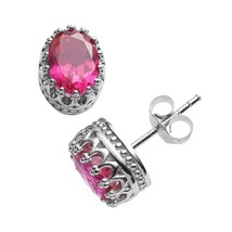6x4mm Oval Simulated Ruby July Solitaire Crown Stud Earrings White Gold Plated - £58.81 GBP