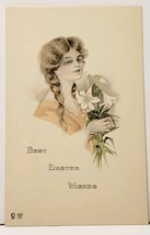 Best Easter Wishes Lovely Woman w/ Lily Flowers Hand Colored c1910 Postcard I19 - £3.89 GBP