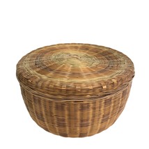Large Vintage Pine Needle or Wicker Basket Hand Woven Lid 10x 5.5 inch Colors - £31.07 GBP