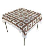 Vintage Cotton Linen Tablecloth Squares Medallions Brown Rust 1970’s 54”... - $16.83