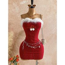 Sexy Christmas Pompom White Fur Trimmed Knit Mini Red Dress XS - $24.99