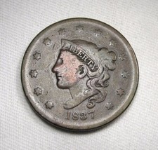 1837 Plain Cord Medium Letters Large Cent Fine Details Coin AN706 - £31.34 GBP