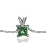 Solitaire Diamond Pendant Necklace Green Princess Treated 14K White Gold... - $475.00