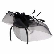 Trendy Apparel Shop Feather Flower Wide Netting Fascinators Headband - Black - £23.63 GBP