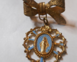 Blue Enamel Ribbon Bow Round Virgin Mary Charm Rose Cut-Outs Brooch Pin ... - $15.83