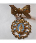 Blue Enamel Ribbon Bow Round Virgin Mary Charm Rose Cut-Outs Brooch Pin ... - £12.61 GBP