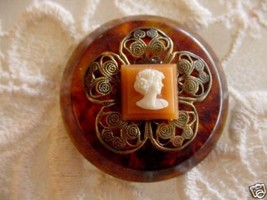 (C-536) Orange Celluloid square Lady CAMEO vintage brass pin - £30.27 GBP