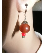 Vintage Pierced Silvertone Dangle Earrings Red Bead 15-L - $19.79