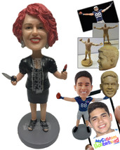 Personalized Bobblehead Lady Hairstylist Wearing A Jacket Over Her Strapless T-S - £67.94 GBP
