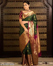 Sarees Green Soft Kanjeevaram Banarsi Silk Length Size 5.3 m, Blouse Siz... - £40.09 GBP