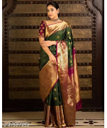 Sarees Green Soft Kanjeevaram Banarsi Silk Length Size 5.3 m, Blouse Siz... - £40.05 GBP