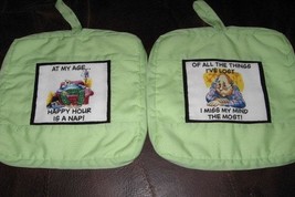 2 Lime Green Potholders with sayings on both sides - $14.25