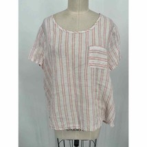 Christian Siriano Linen Pocket T-Shirt Sz L White Pink Striped Top Blouse - £21.93 GBP