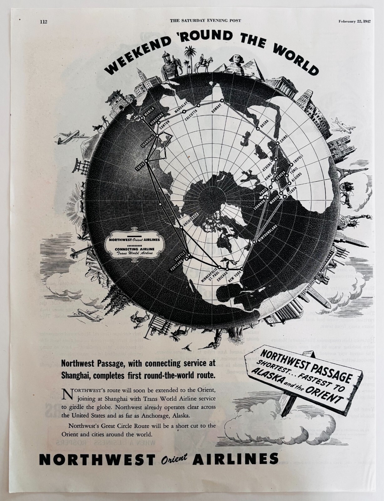 1947 Northwest Orient Airlines Advertisement Alaska Far East Aviation DWWW6 Item image 2