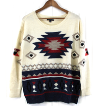 American Eagle Womens L Aztec Print Sweater Cream Red Southwest Rodeo Western - £19.19 GBP