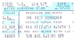 Todd Rundgren Concert Ticket Stub August 6 1989 New York Ville - £26.08 GBP