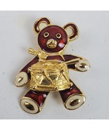 Vintage Teddy Bear Drummer Christmas Brooch Pin 1.75 Inch Tall Gold Tone - £13.28 GBP