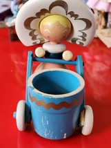 Vintage Hand Painted 3.5” T Wooden Girl with Cart Toothpick Holder JAPAN  - £7.44 GBP
