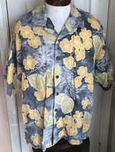 Tommy Bahama Yellow &amp; Gray Hibiscus Pattern Button Short Sleeve Shirt Me... - £14.49 GBP