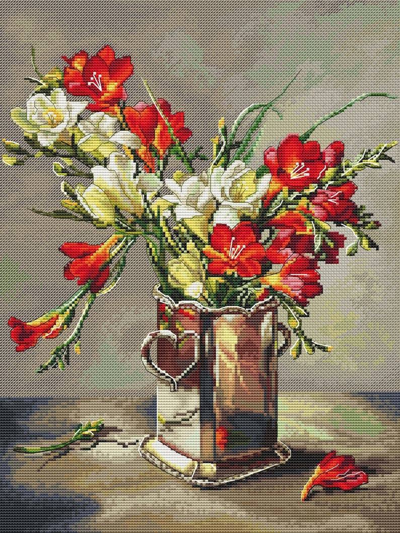 Primary image for Freesia cross stitch bouquet pattern pdf - Freesia Flowers embroidery floral 